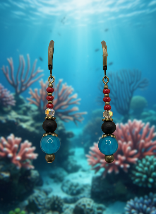 Aqua Ombre Glass, Coral and Black Lava Bead Earrings