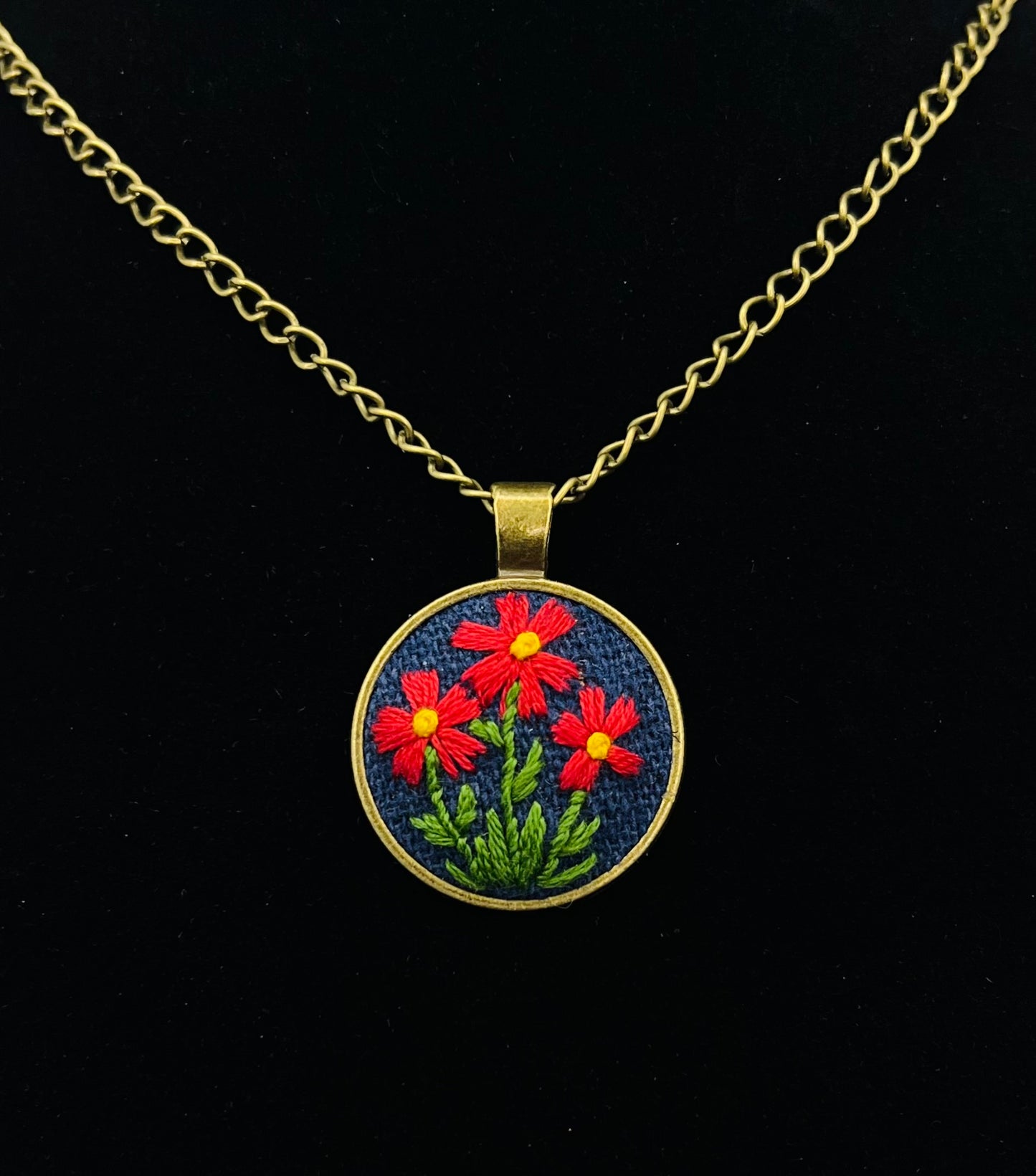 Red Flower Embroidered Bronze Pendant