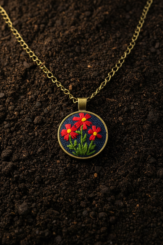 Red Flower Embroidered Bronze Pendant