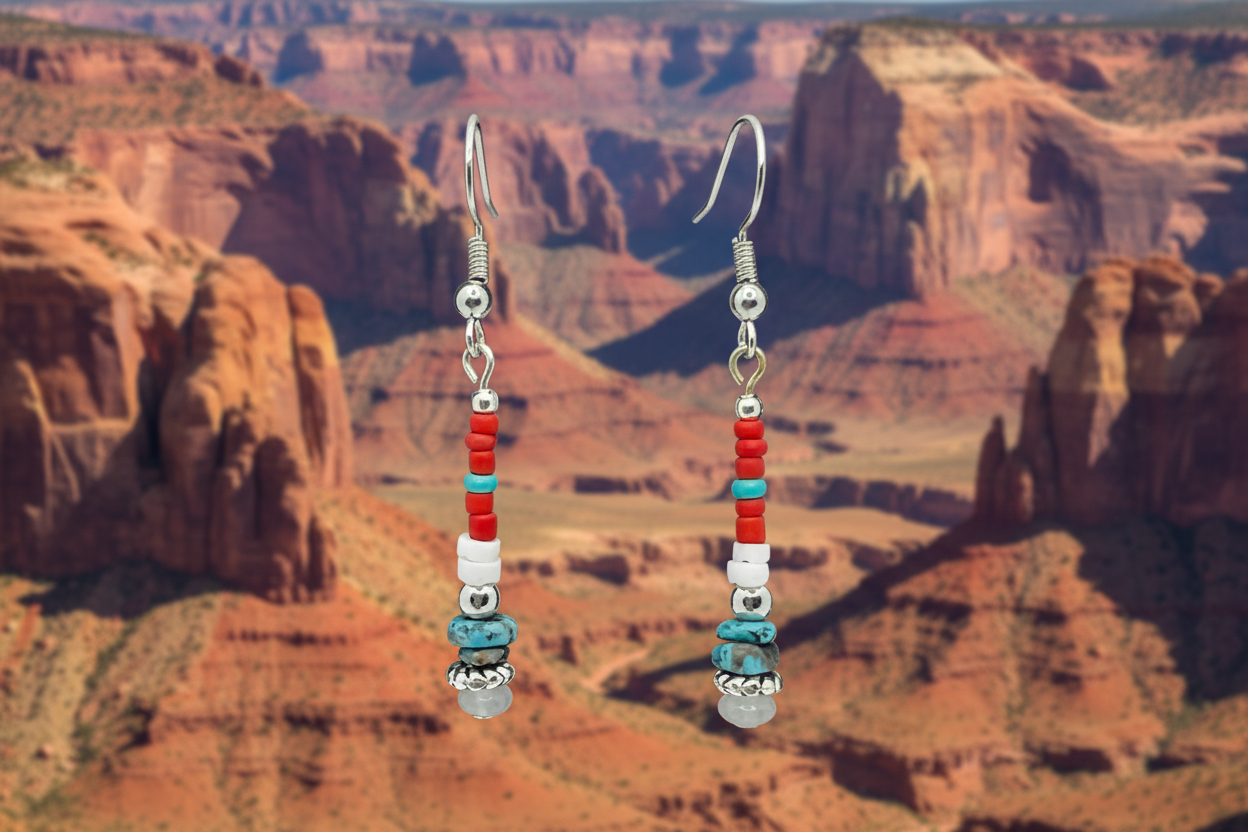 Turquoise, Coral & White Heishi Shell Earrings