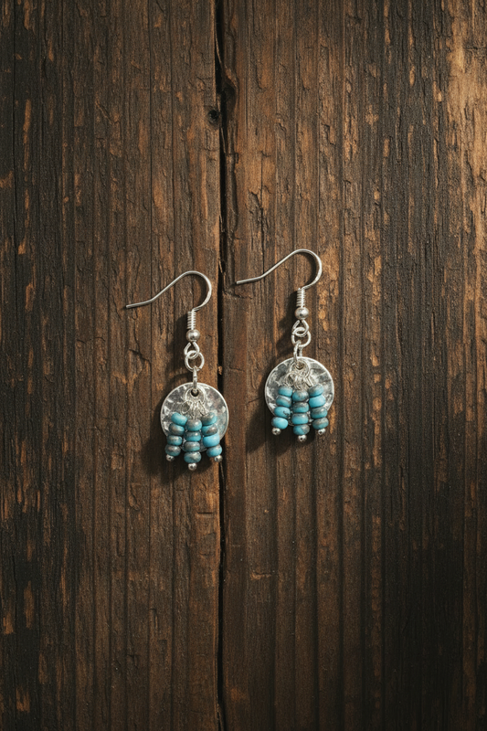 Hammered Round Silver Backing w/ tri tiered Turquoise Beads