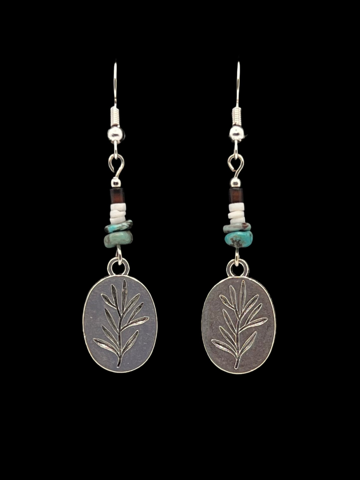 Peaceful Olive Branch, Turquoise & White/Brown Heishi Shell Earrings