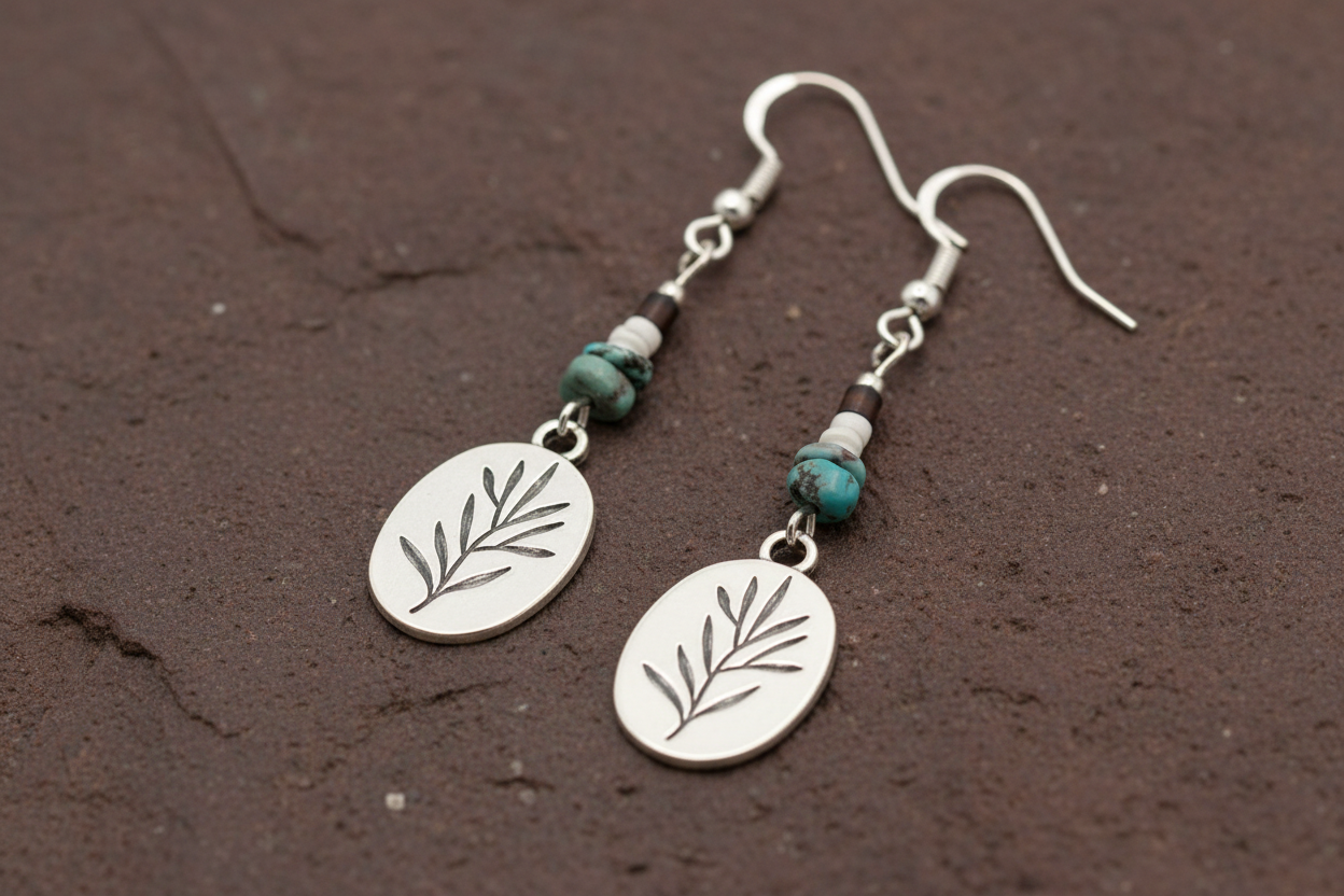 Peaceful Olive Branch, Turquoise & White/Brown Heishi Shell Earrings