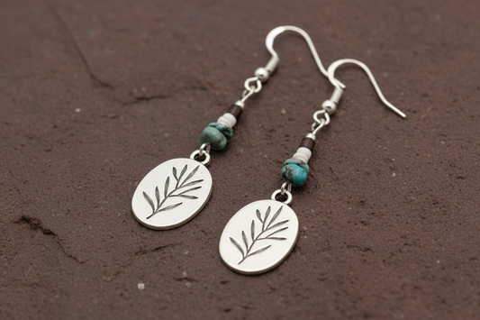 Peaceful Olive Branch, Turquoise & White/Brown Heishi Shell Earrings