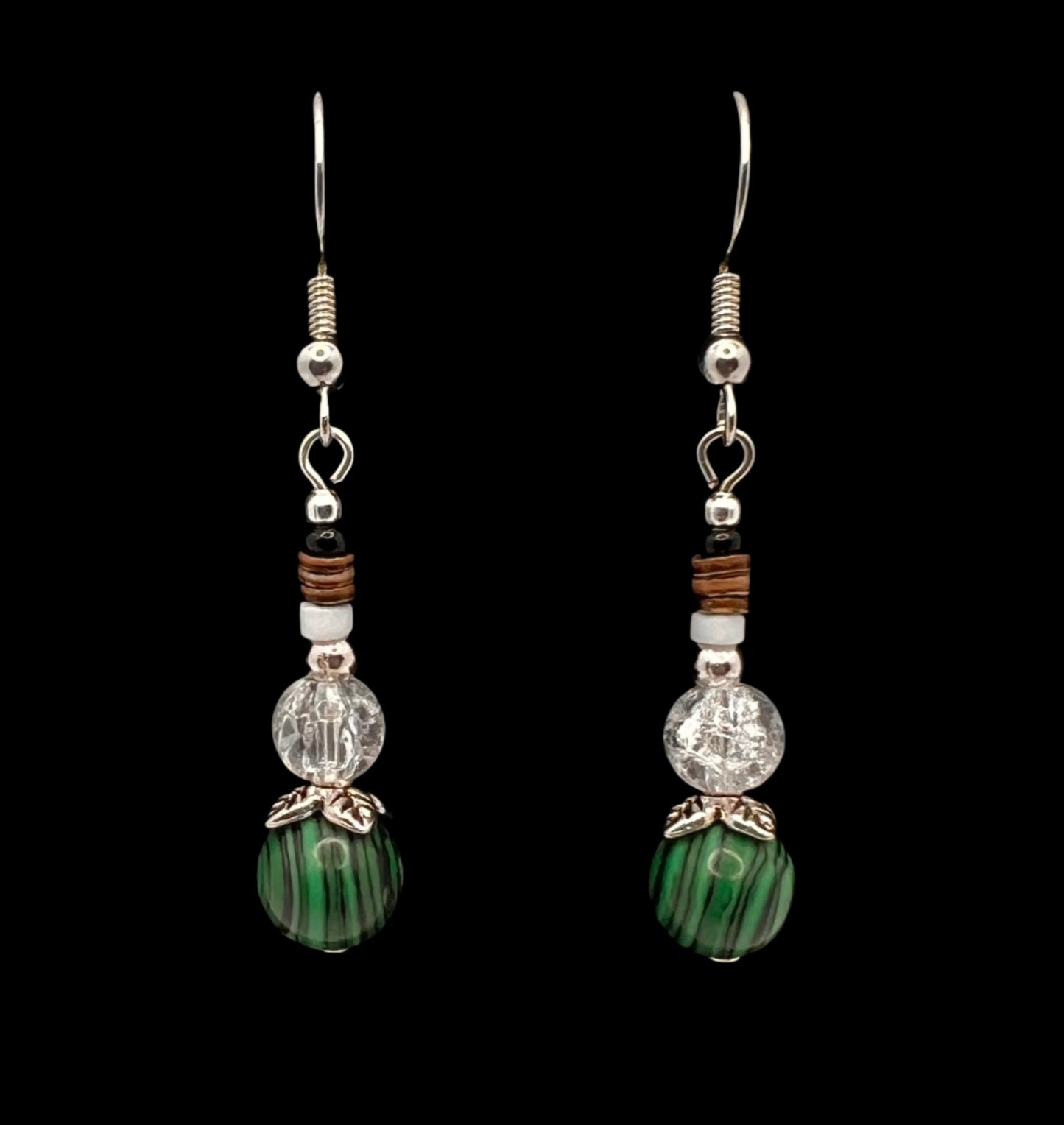 Malachite, Crackled Glass Bead & Brown/White Heishi Shell Earrings