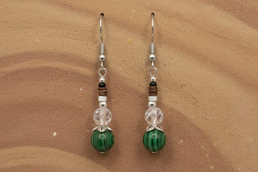 Malachite, Crackled Glass Bead & Brown/White Heishi Shell Earrings