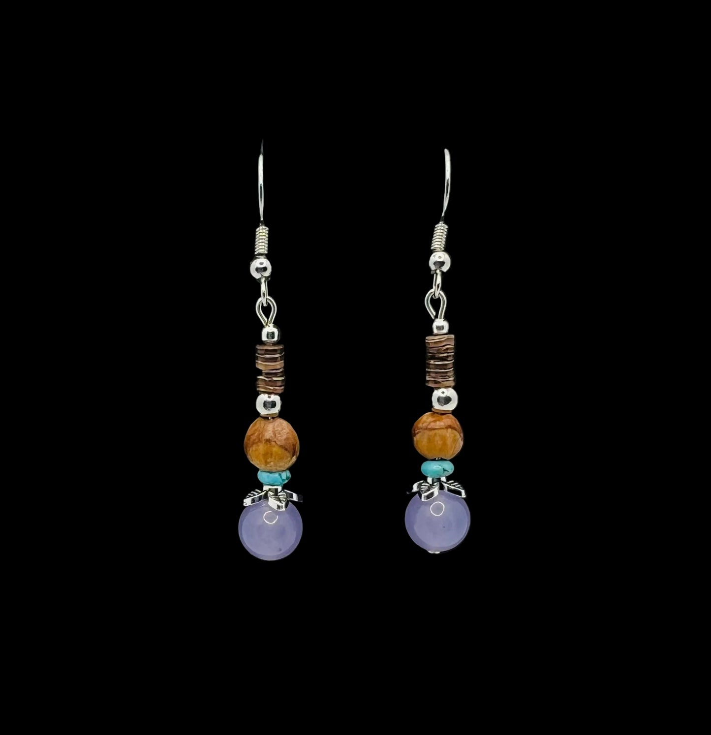 Cedar Bead, Brown Heishi Shell, Turquoise & Purple Bead Earrings