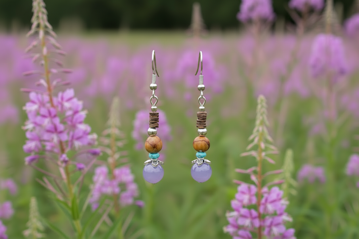 Cedar Bead, Brown Heishi Shell, Turquoise & Purple Bead Earrings