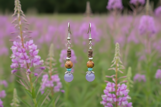 Cedar Bead, Brown Heishi Shell, Turquoise & Purple Bead Earrings