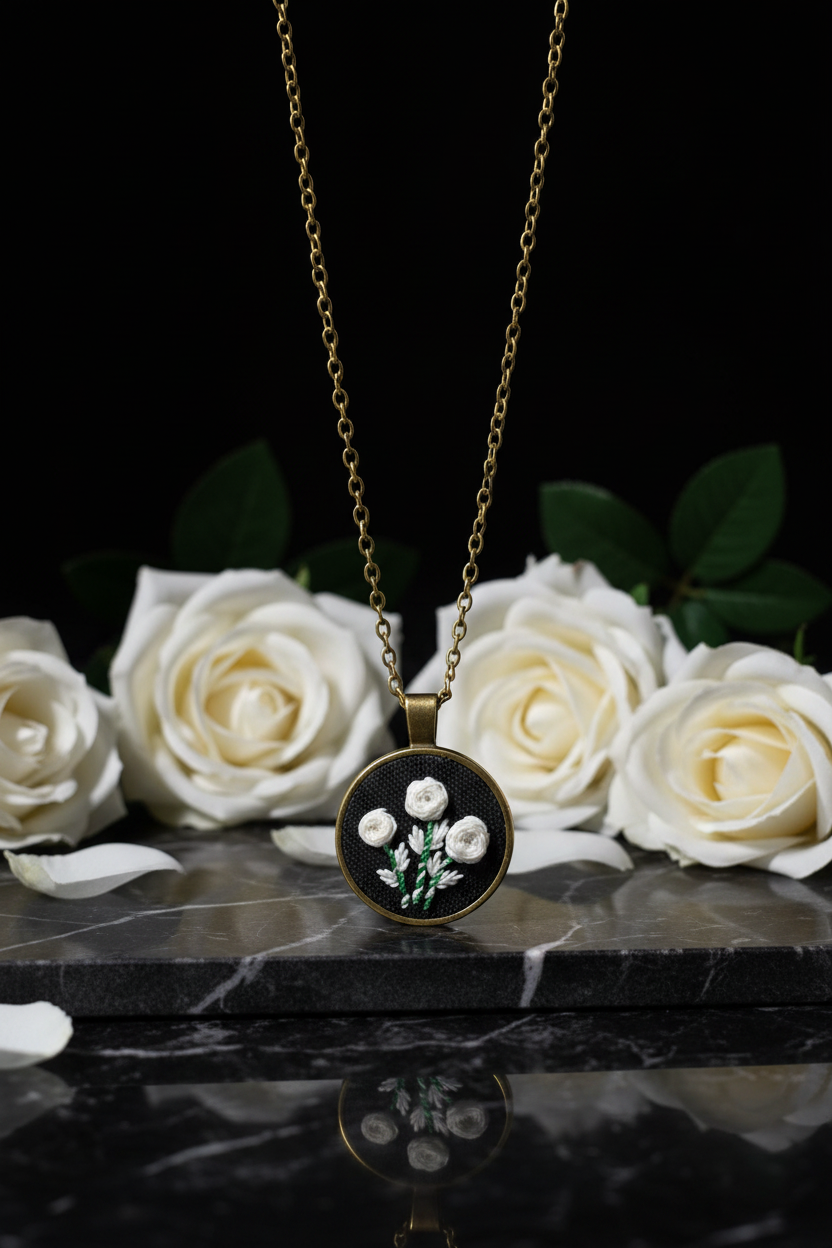 Embroidered White Glow in the Dark Rose Pendant