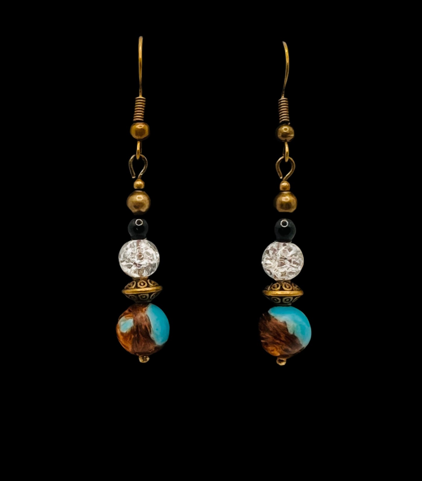 Turquoise Siderolite & Crackle Glass Earrings (Bronze)