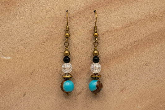 Turquoise Siderolite & Crackle Glass Earrings (Bronze)