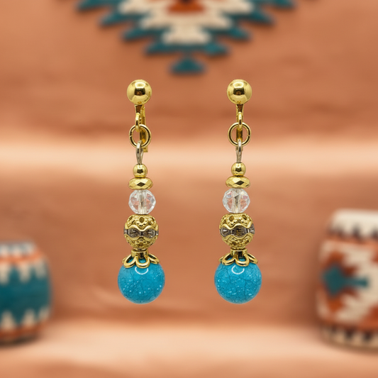 Gold Clip-On Earrings featuring Aqua Blue & Clear Shattered Glass Accents