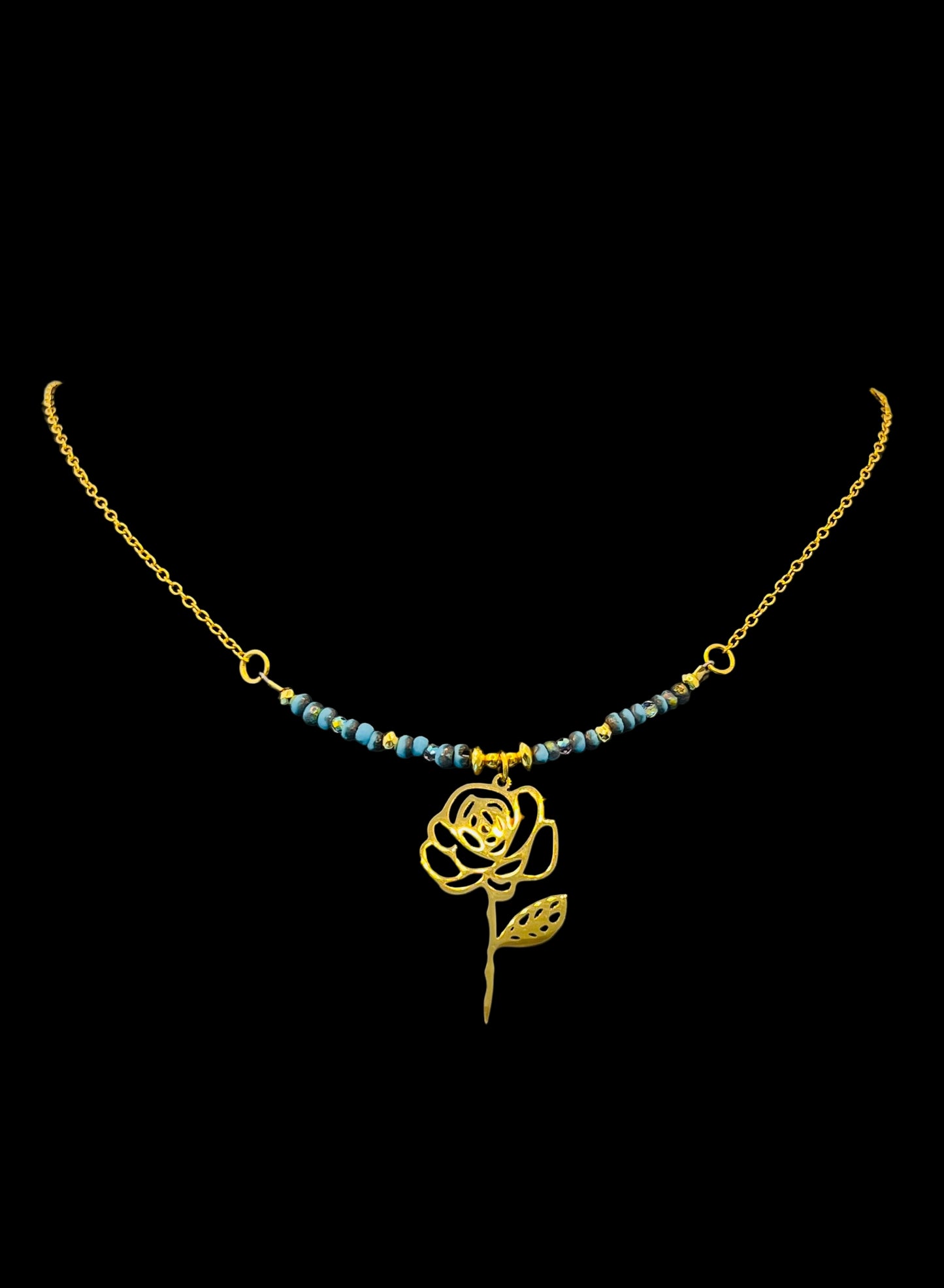Gold Flower and TurquoiseBeaded Wire Chain Necklace