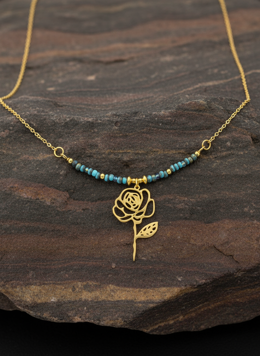 Gold Flower and TurquoiseBeaded Wire Chain Necklace