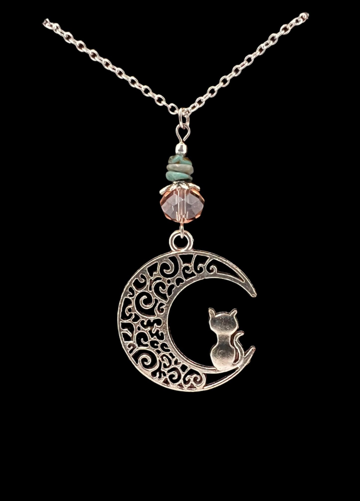 Moon Cat 2” Pendant Necklace (Light Pink & Turquoise)
