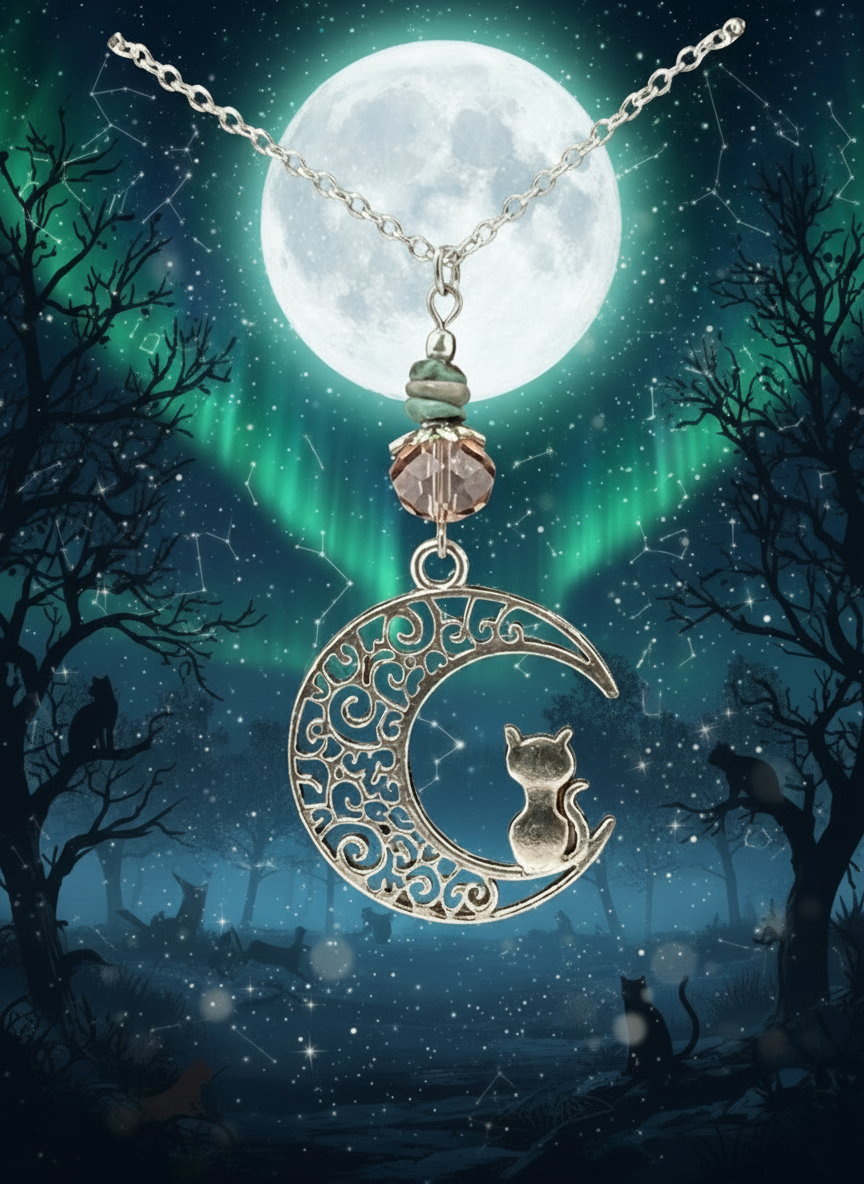Moon Cat 2” Pendant Necklace (Light Pink & Turquoise)