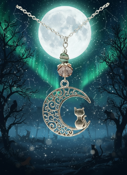 Moon Cat 2” Pendant Necklace (Light Pink & Turquoise)