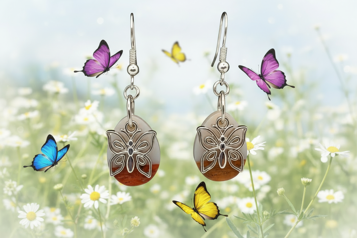 Frost White/Wood Epoxy Butterfly Earrings