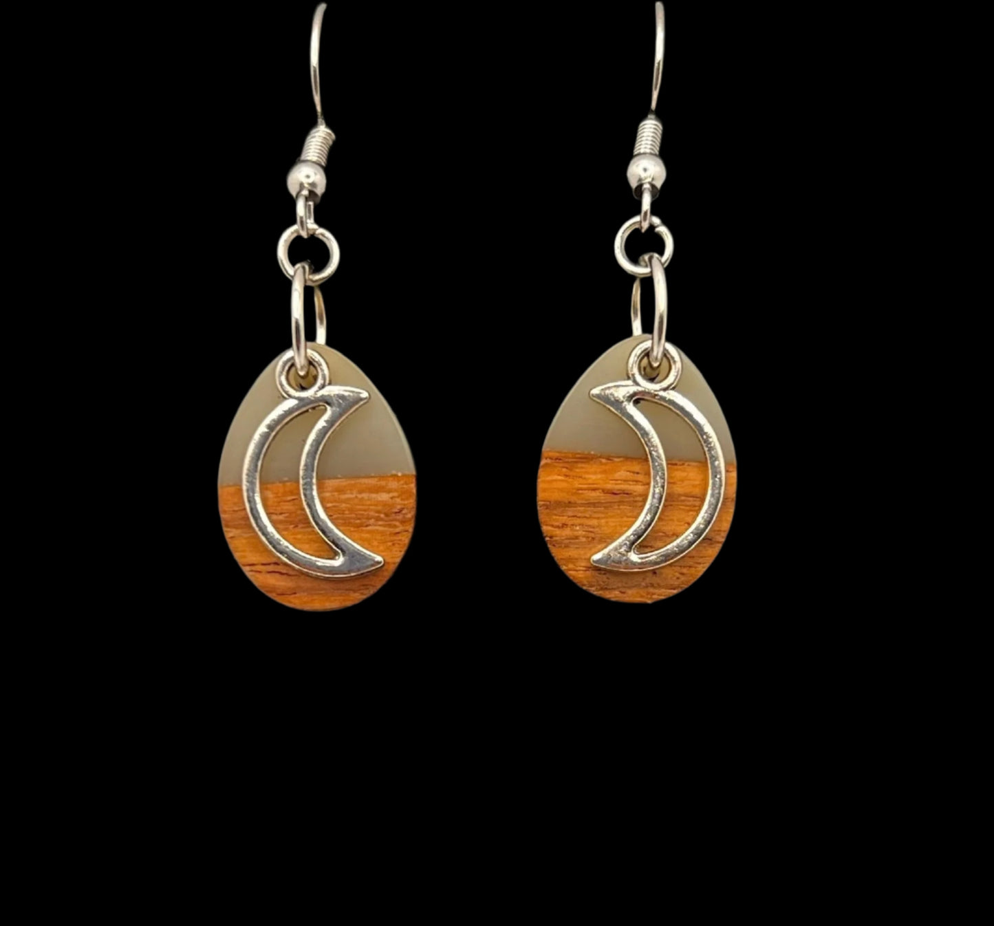Frost White/Wood Epoxy Moon Earrings